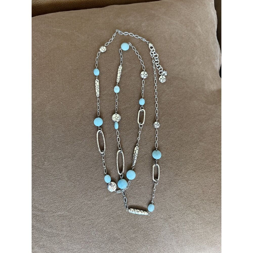 BRIGHTON long station silver turquoise Seascape glass beaded long necklace